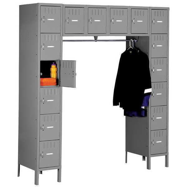 Box Locker Unit with Coat Rod, 72 in W, 18 in D, 78 in H, (6) Tier, (6) Wide, Gray
