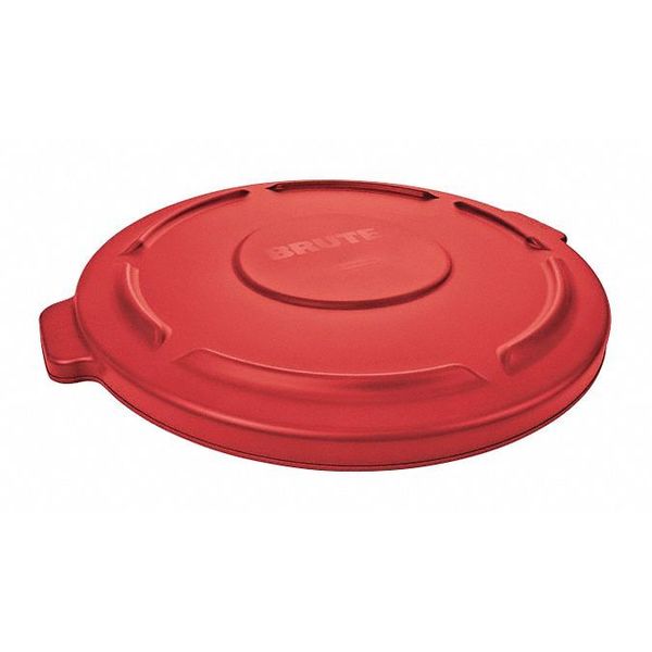 44 gal Flat Trash Can Lid, 24 1/2 in W/Dia, Red, Resin, 0 Openings