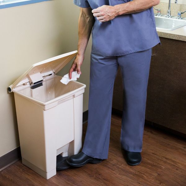 12 gal Rectangular Trash Can, Beige, 16 1/4 in Dia, Step-On, HDPE Base/Polypropylene Lid