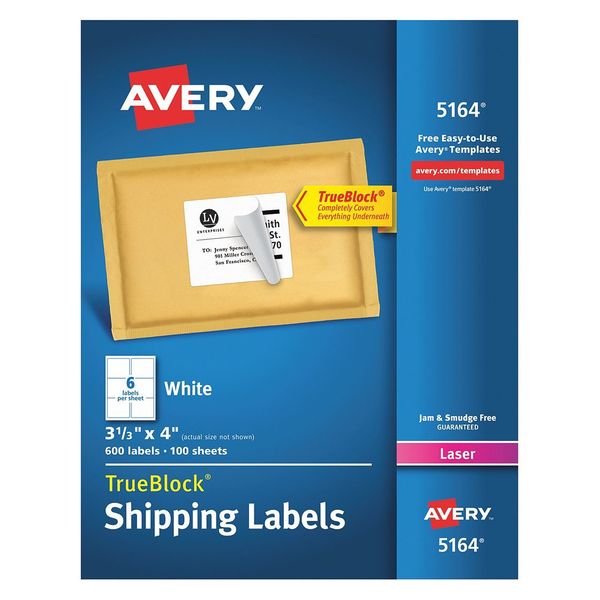 AveryÂ® Shipping Labels with TrueBlockÂ® Technology for Laser Printers 5164, 3-1/3
