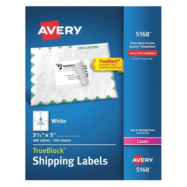 AveryÂ® Shipping Labels with TrueBlockÂ® Technology for Laser Printers 5168, 3-1/2