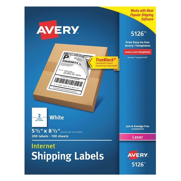 AveryÂ® Internet Shipping Labels with TrueBlockÂ® Technology for Laser Printers 5126, 5-1/2