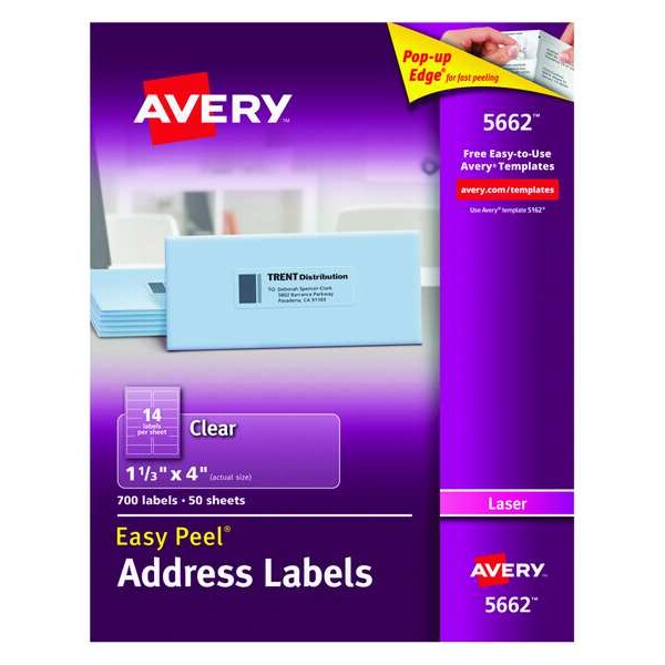 AveryÂ® Clear Easy PeelÂ® Address Labels for Laser Printers 5662, 1-1/3