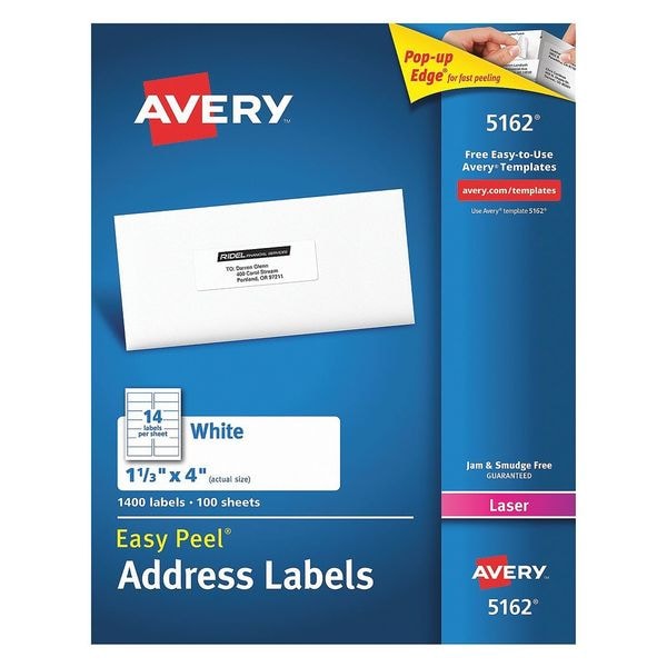 AveryÂ® Easy PeelÂ® Address Labels for Laser Printers 5162Â®, 1-1/3