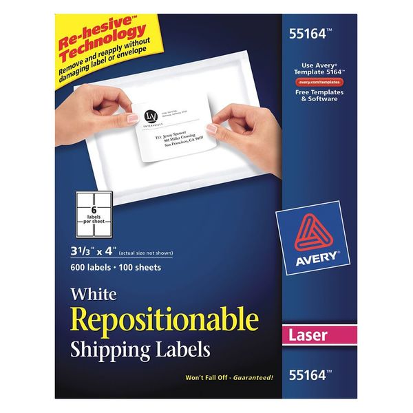 AveryÂ® Repositionable Shipping Labels for Laser Printers 55164, 3-1/3