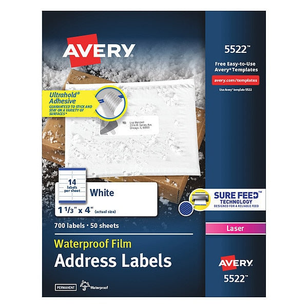 AveryÂ® WeatherProofâ¢ Mailing Labels with TrueBlockÂ® Technology for Laser Printers 5522, 1-1/3