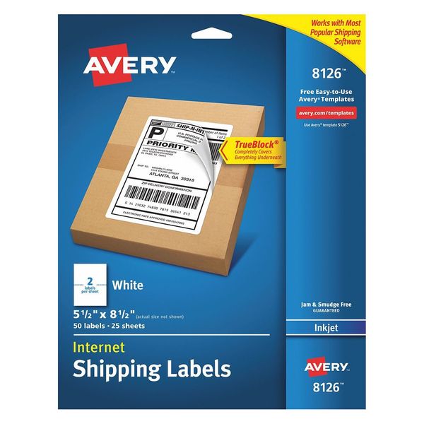AveryÂ® Internet Shipping Labels with TrueBlockÂ® Technology for Inkjet Printers 8126, 5-1/2