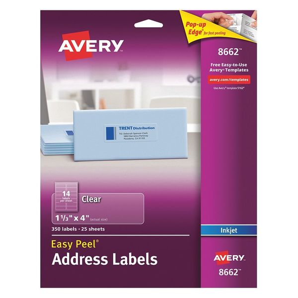 AveryÂ® Clear Easy PeelÂ® Address Labels for Inkjet Printers 8662, 1-1/3