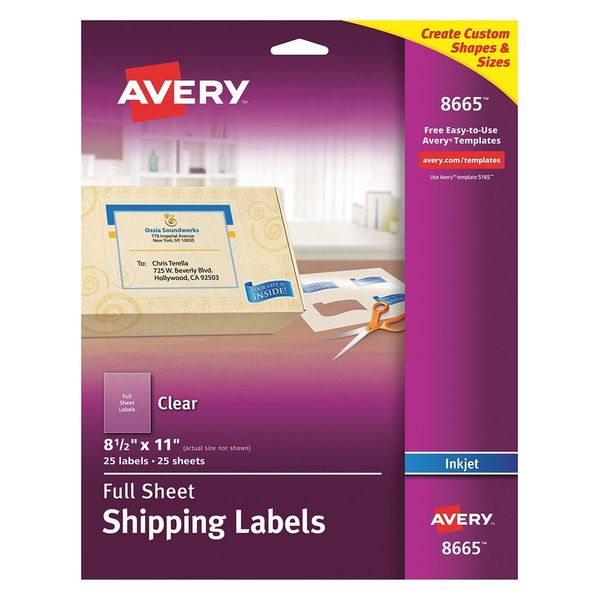 AveryÂ® Clear Full-Sheet Shipping Labels for Inkjet Printers 8665, 8-1/2