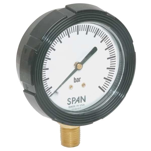 Pressure Gauge, 0 to 25 Bar, 1/4 in MNPT, Plastic, Black