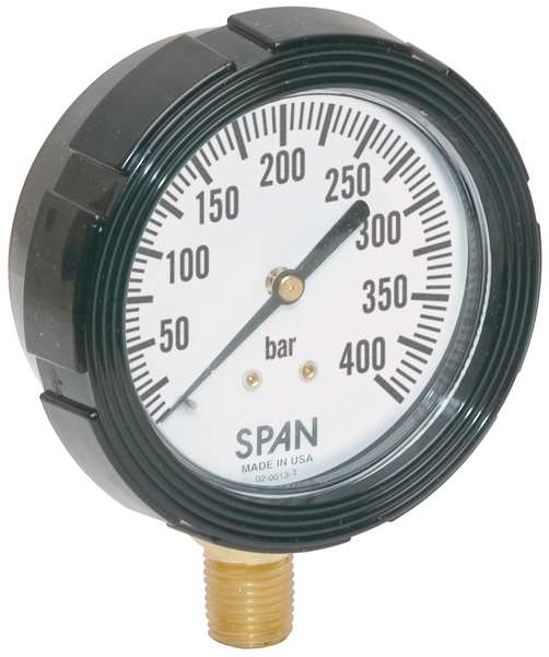 Pressure Gauge, 0 to 400 Bar, 1/4 in MNPT, Plastic, Black