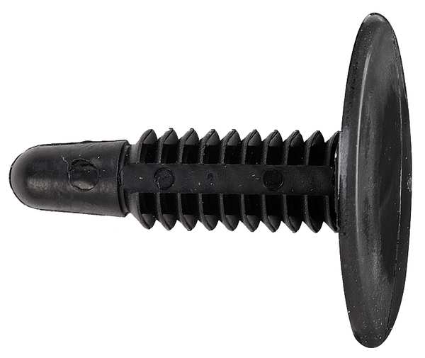 Push-In Rivet, Flat Head, 0.2813 in Dia., 1-1/16 in L, Nylon Body, 100 PK