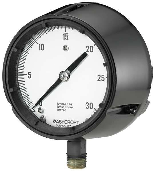 Pressure Gauge, 0 to 30 psi, 1/2 in MNPT, Plastic, Black