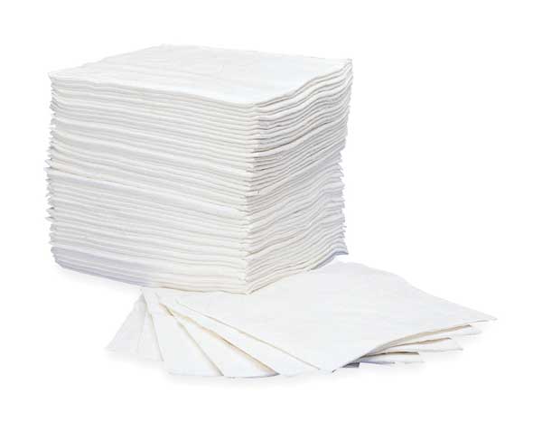 Sorbents, 49 gal/pk, 1.32 gal/pad, Oil Absorbed, White, Polypropylene, 50 PK