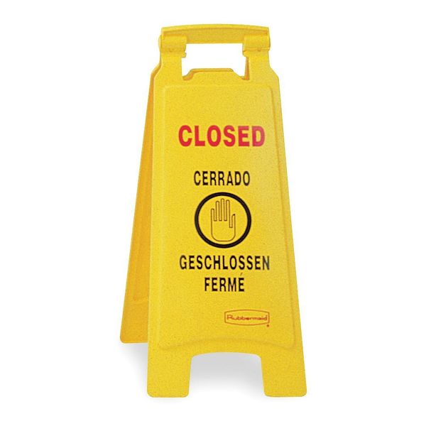 Closed Floor Sign, 25 in H, 11 in W, HDPE, Triangle, English, French, German, Spanish, FG611278YEL