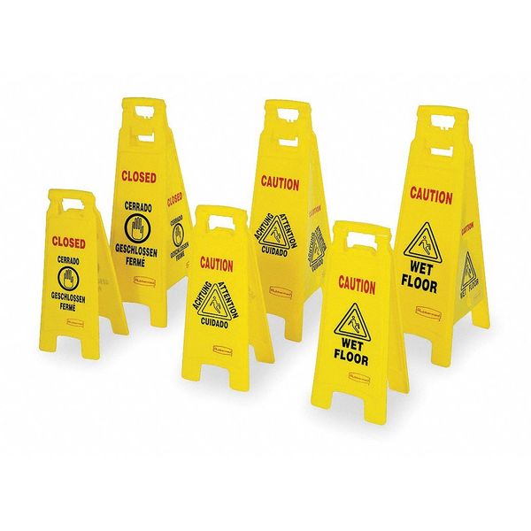 Closed Floor Sign, 25 in H, 11 in W, HDPE, Triangle, English, French, German, Spanish, FG611278YEL