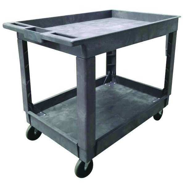 Plastic Utility Cart with Deep Lipped Plastic Shelves, Flat, 2 Shelves, 500 lb