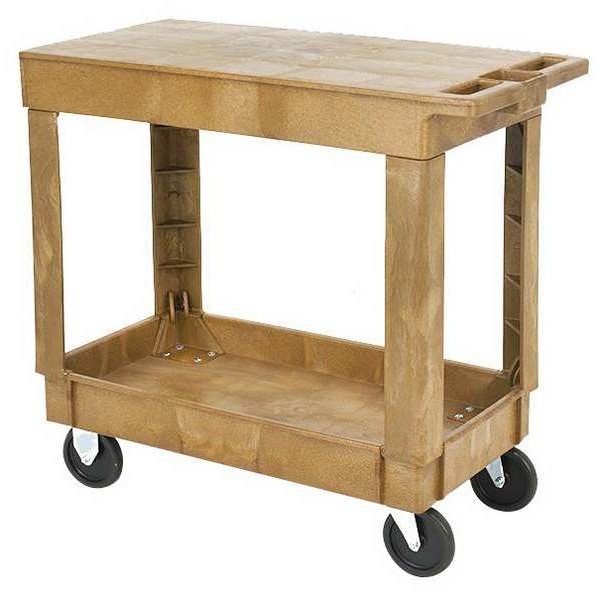 Plastic Utility Cart with Deep Lipped & Flush Plastic Shelves, Flat, 2 Shelves, 500 lb