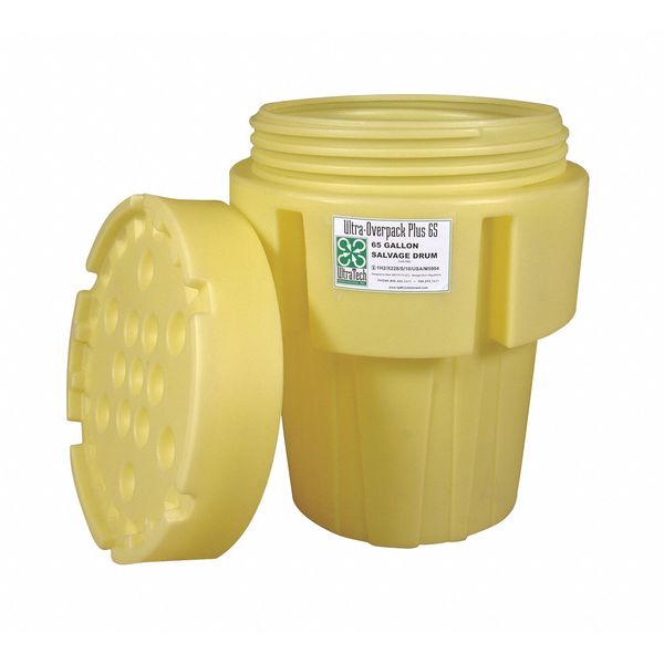 Open Head Overpack Drum, Polyethylene, 65 gal, Unlined, Yellow