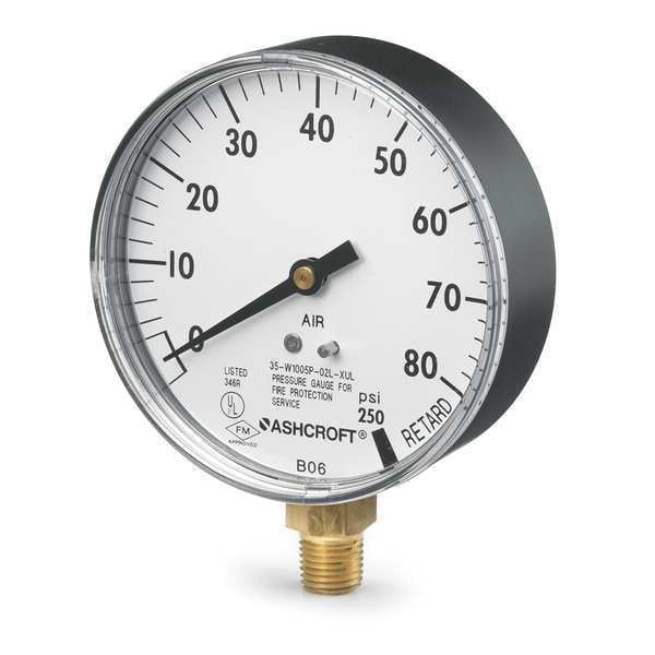 Pressure Gauge, 0 to 80 psi, 1/4 in MNPT, Plastic, Black