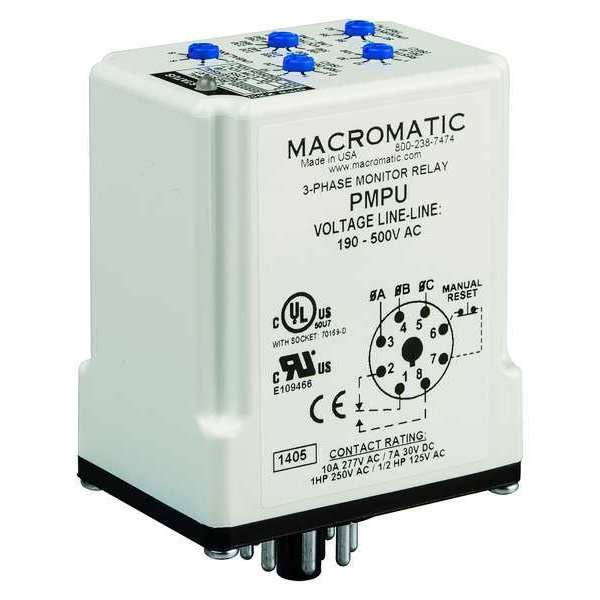 3 Phase Monitor Relay, SPDT, 500VAC, 8 Pin