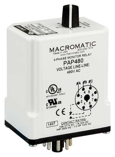 3 Phase Monitor Relay, SPDT, 208VAC, 8 Pin