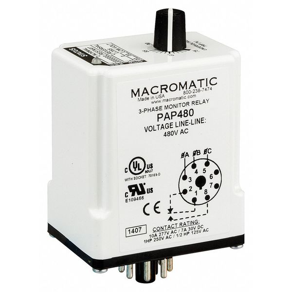 3 Phase Monitor Relay, SPDT, 240VAC, 8 Pin