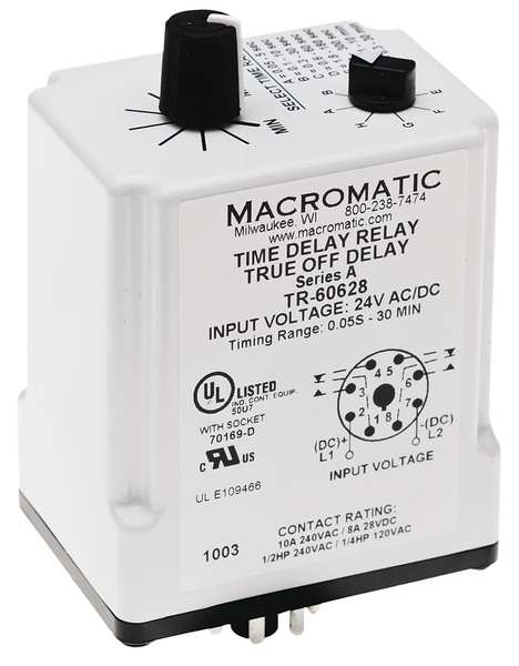 Time Delay Relay, 24VAC/DC, 10A, DPDT