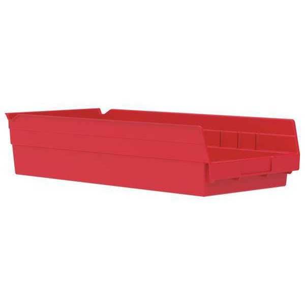 Shelf Storage Bin, Red, Plastic, 17 7/8 in L x 8 3/8 in W x 4 in H, 20 lb Load Capacity