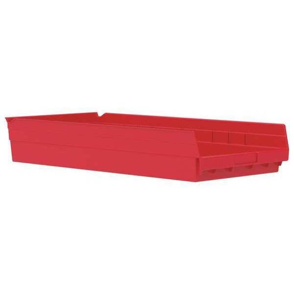 Shelf Storage Bin, Red, Plastic, 23 5/8 in L x 11 1/8 in W x 4 in H, 20 lb Load Capacity
