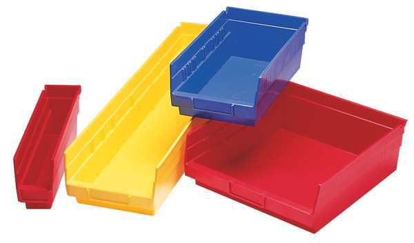 Shelf Storage Bin, Red, Plastic, 17 7/8 in L x 4 1/8 in W x 4 in H, 15 lb Load Capacity
