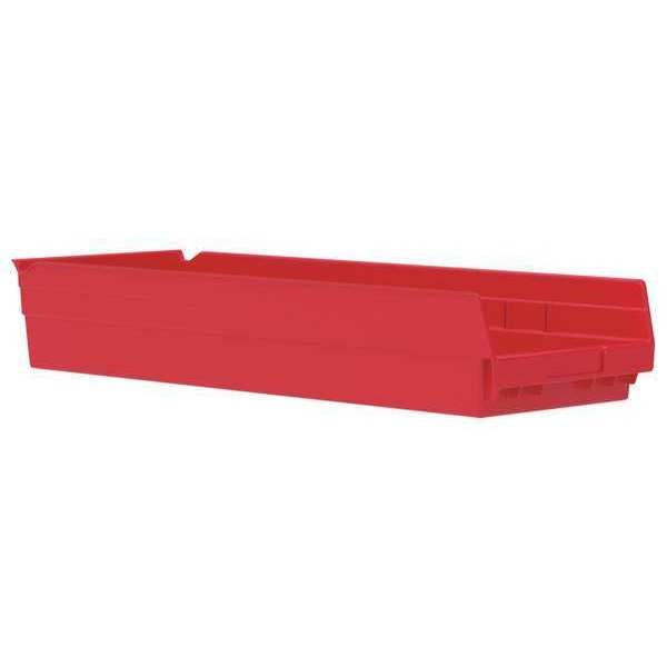 Shelf Storage Bin, Red, Plastic, 23 5/8 in L x 8 3/8 in W x 4 in H, 20 lb Load Capacity
