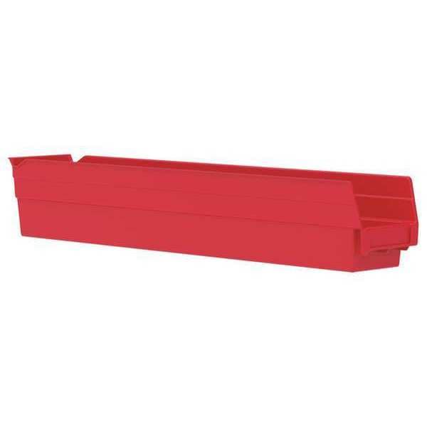 Shelf Storage Bin, Red, Plastic, 23 5/8 in L x 4 1/8 in W x 4 in H, 20 lb Load Capacity