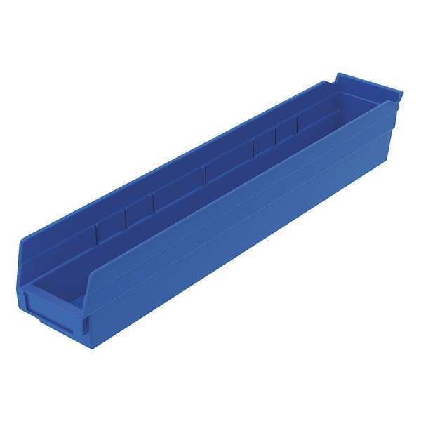 Shelf Storage Bin, Blue, Plastic, 23 5/8 in L x 4 1/8 in W x 4 in H, 20 lb Load Capacity