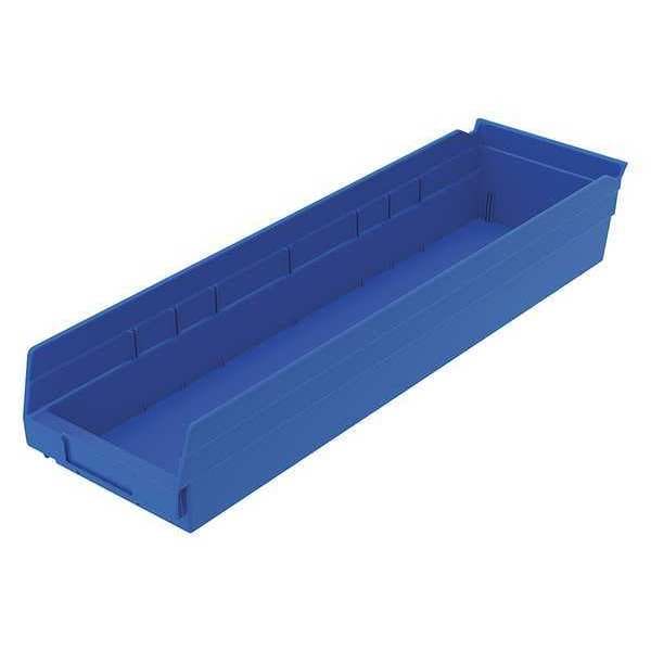 Shelf Storage Bin, Blue, Plastic, 23 5/8 in L x 6 5/8 in W x 4 in H, 20 lb Load Capacity
