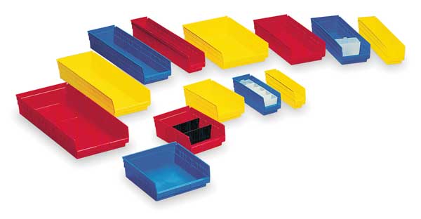 Shelf Storage Bin, Blue, Plastic, 23 5/8 in L x 4 1/8 in W x 4 in H, 20 lb Load Capacity