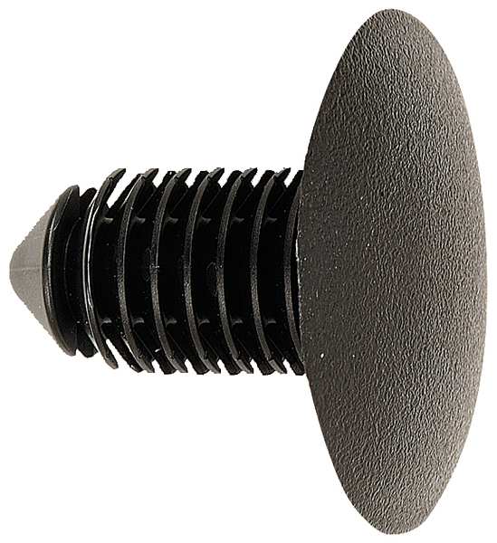 Push-In Rivet, Dome Head, 9.5 mm Dia., 19 mm L, Plastic Body, 25 PK