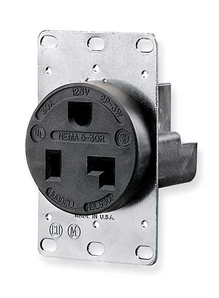 Receptacle, 30 A Amps, 125V AC, Flush Mount, Single Outlet, 5-30R, Black