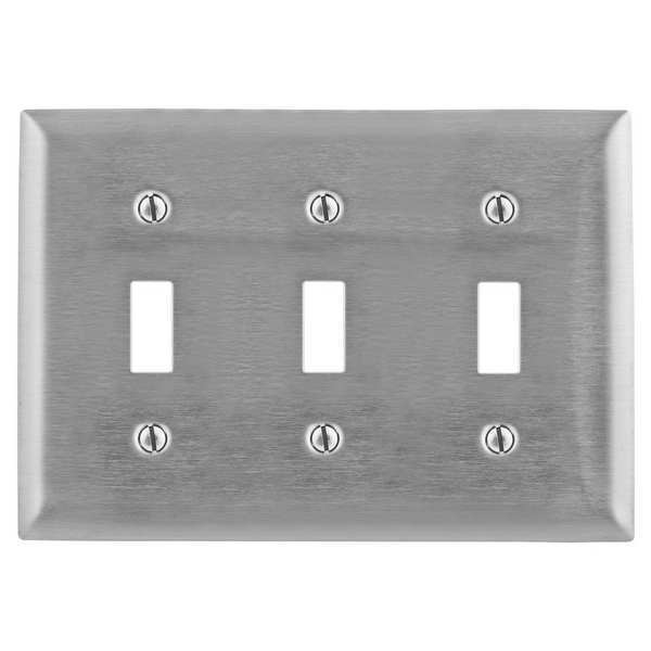 Toggle Switch Wall Plates and Box Cover, Number of Gangs: 3 Stainless Steel, Brushed Finish, Silver