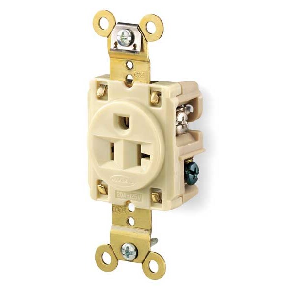 Receptacle, 20 A Amps, 125V AC, Flush Mount, Single Outlet, 5-20R, Ivory