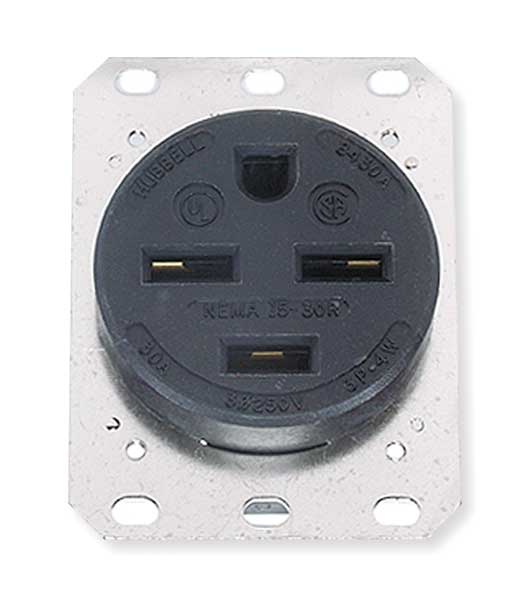 Receptacle, 30 A Amps, 250V AC, Flush Mount, Single Outlet, 15-30R, Black