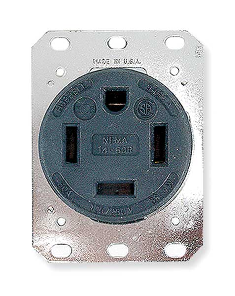 Receptacle, 60 A Amps, 250V AC, Flush Mount, Single Outlet, 14-60R, Black