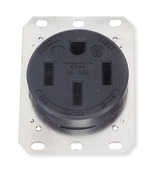 Straight Blade Receptacle, 1 Outlet, NEMA 14-50R, 50 A, 125/250V AC, 3 Poles, 4 Wires, Black