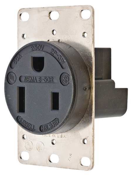 Receptacle, 50 A Amps, 250V AC, Flush Mount, Single Outlet, 6-50R, Black