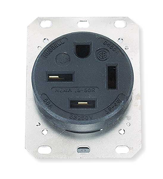 Receptacle, 50 A Amps, 250V AC, Flush Mount, Single Outlet, 15-50R, Black