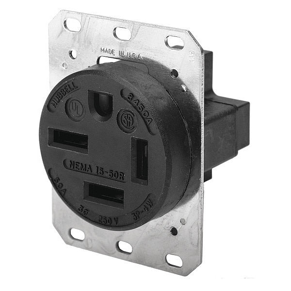 Receptacle, 50 A Amps, 250V AC, Flush Mount, Single Outlet, 15-50R, Black