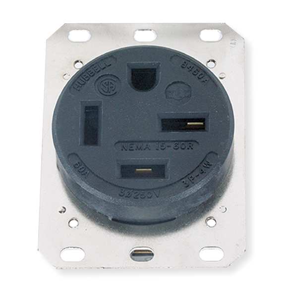 Receptacle, 60 A Amps, 250V AC, Flush Mount, Single Outlet, 15-60R, Black
