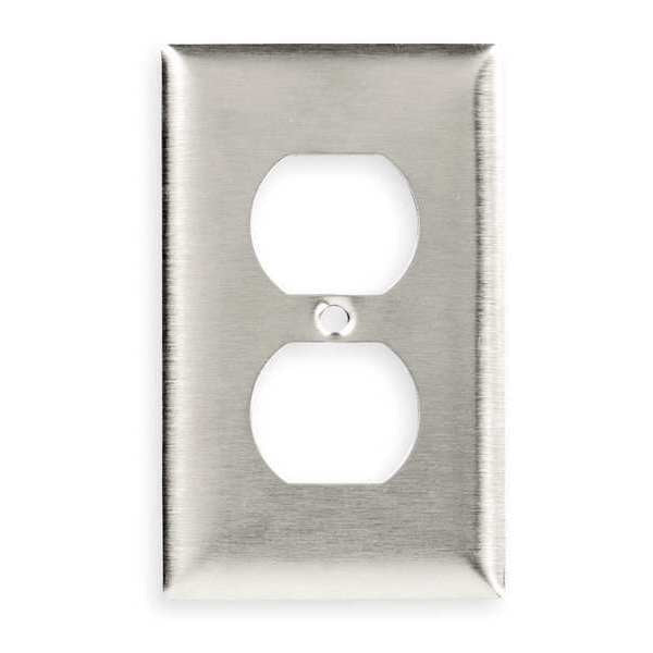 Duplex Receptacle Wall Plate, Vertical, Standard Size, 1 Gang, Stainless Steel, Brushed, Silver