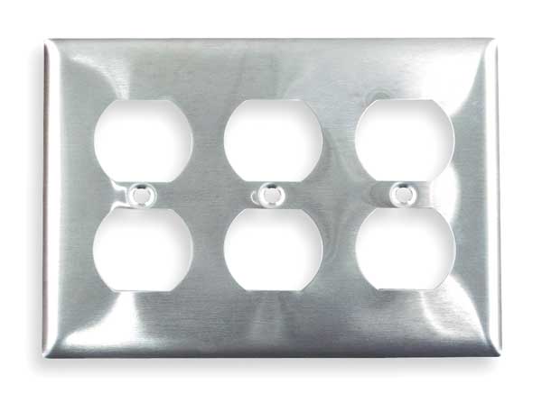 Duplex Receptacle Wall Plates and Box Cover, Number of Gangs: 3 Stainless Steel, Brushed Finish