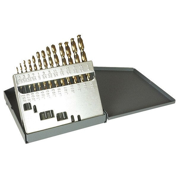 13PC 135Â° Heavy-Duty Parabolic Jobber Drill Set Cle-Line 1872 Black & Gold HSS 1/16-1/4x1/64
